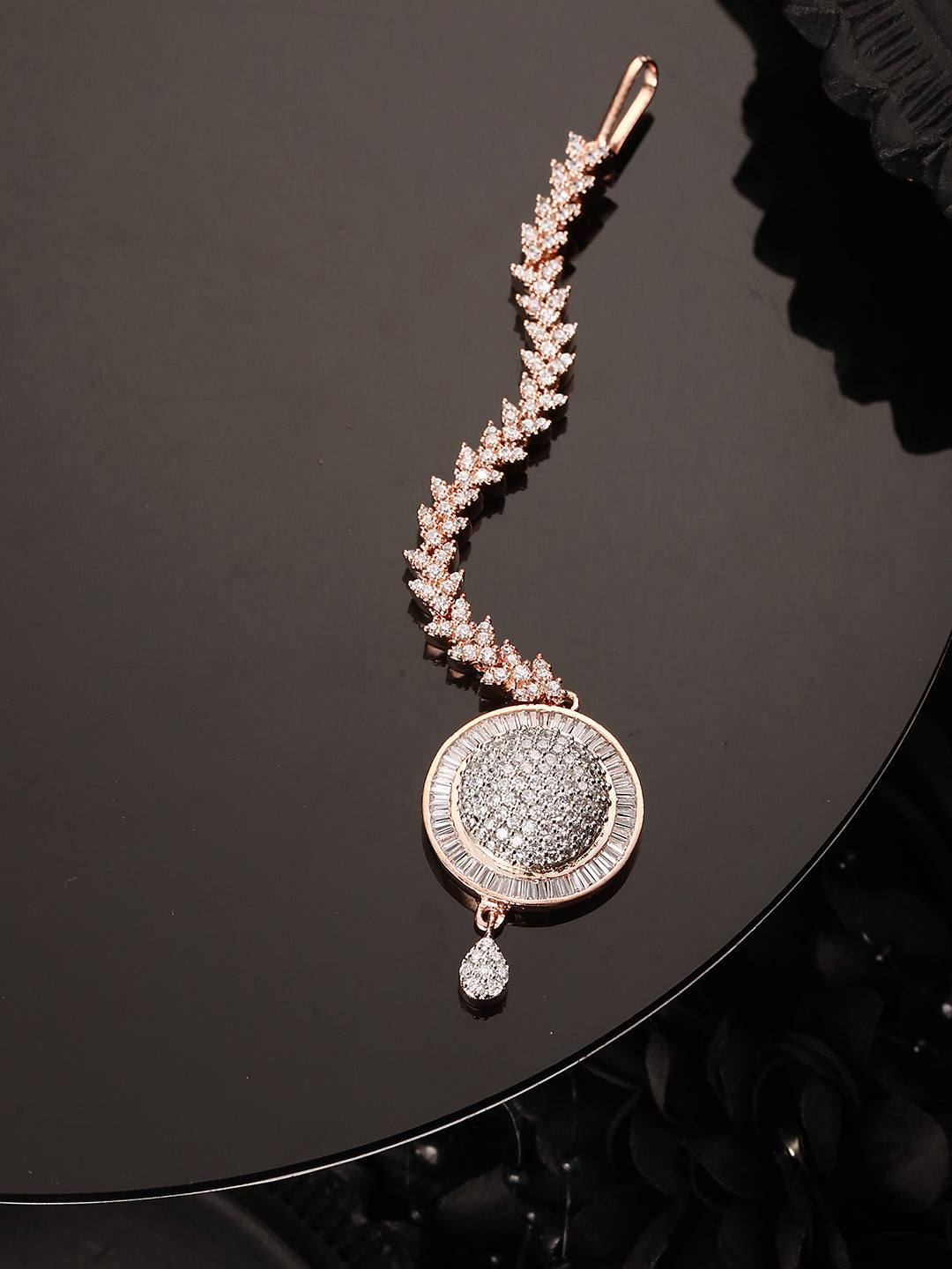 Unique Diamond clustered Maang Tikka round shaped Rose Gold plated AD studded for Women & Girls